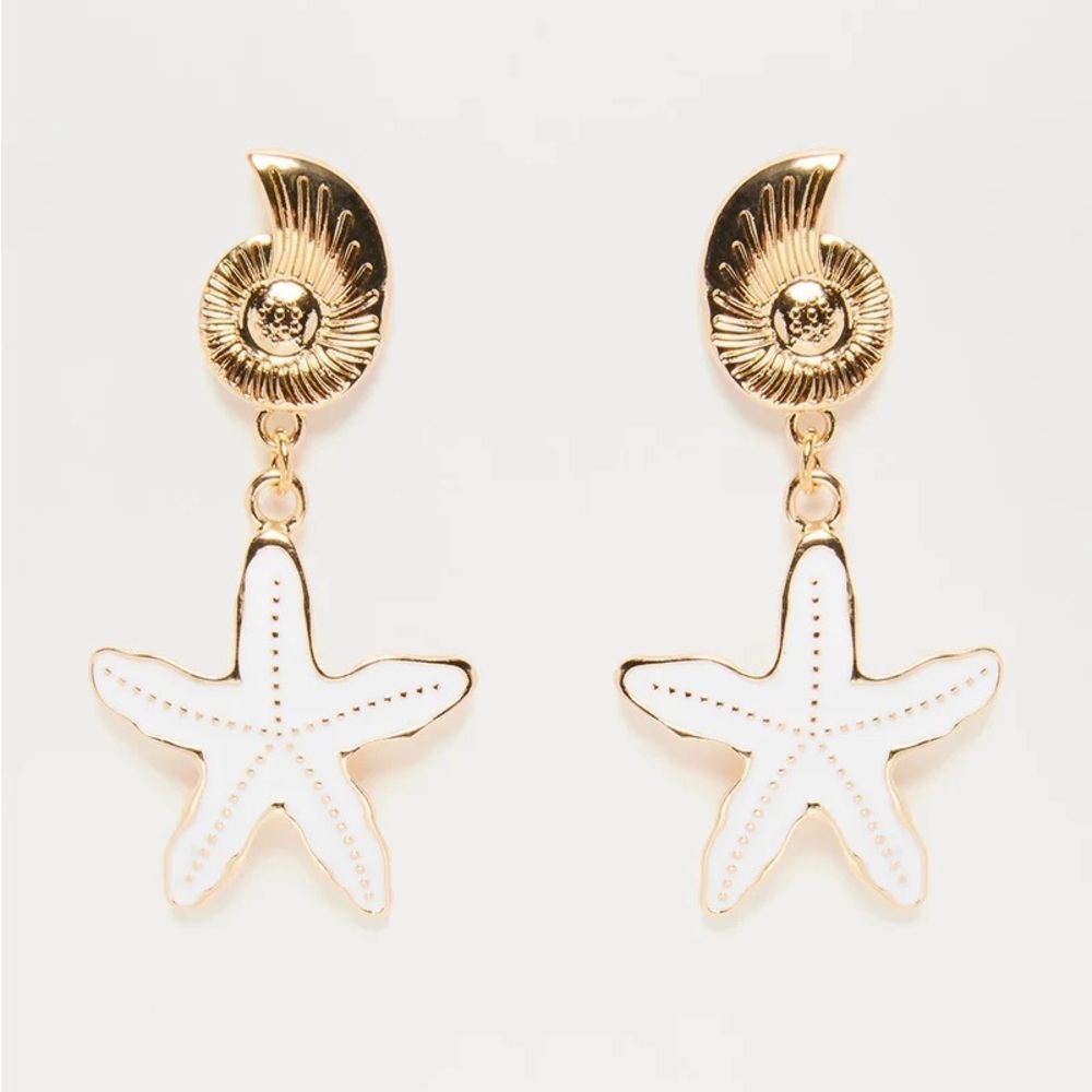 Beach Starfish Drop Gold and White Summer Tropical Vacation Earrings Jewelry